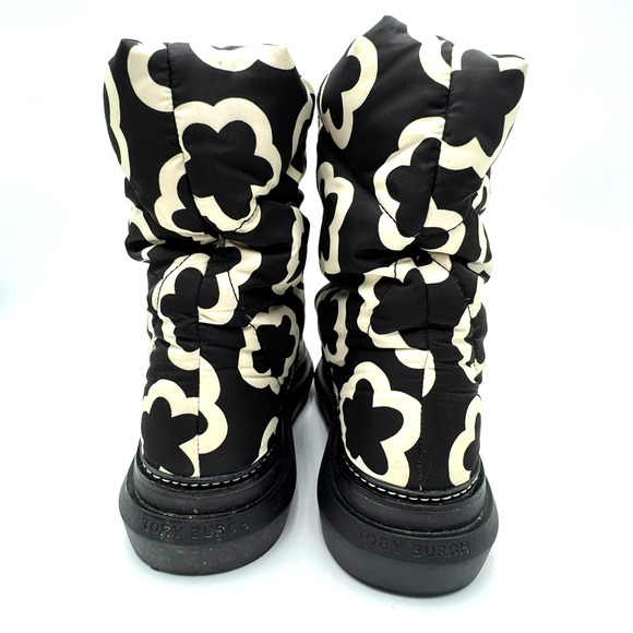 TORY BURCH Women's 9.5 Black White Floral Sleeping Bag Pull On Boots Limited - Picture 5 of 9
